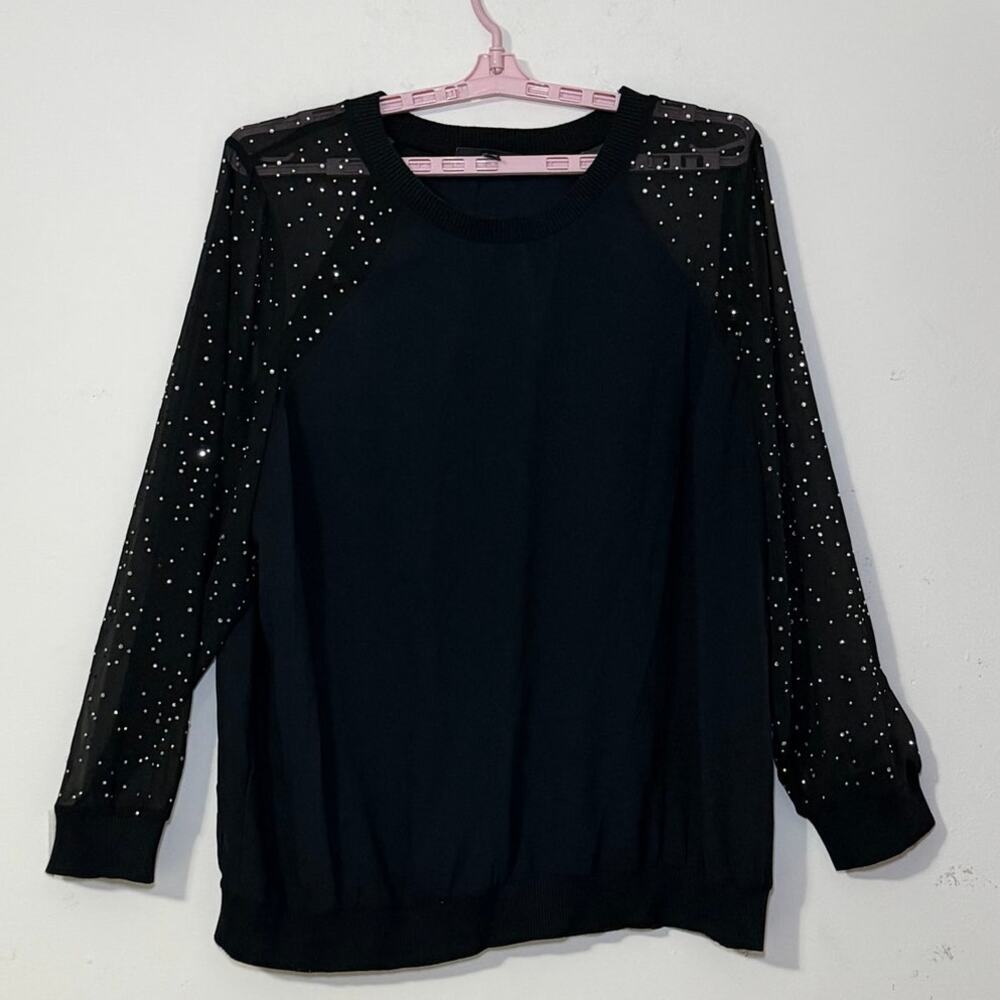 Lane Bryant Black Rhinestone Sheer Sleeve Top Size 22 24 Plus Blouse Dressy Chic - Picture 2 of 8